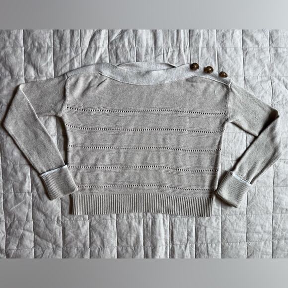 White + Warren Tan Boat Neck Buttoned Pointelle Stripe Knit Sweater - Small - Picture 1 of 9